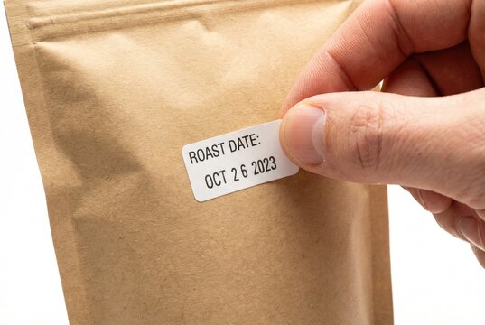 Hand applying a white sticker with roast date to a brown kraft paper coffee packaging bag