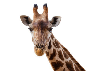 Obraz premium Isolated close-up portrait of a beautiful giraffe head looking directly at the camera