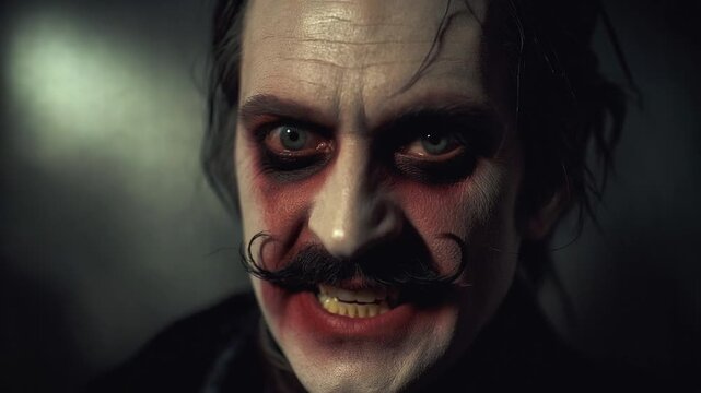 An unsettling close-up of a man with eerie clown makeup and a menacing expression, creating a sense of foreboding and unease. 