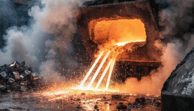 Medium angle view of molten metal billets pouring from a furnace emphasizing the conversion of recycled extrusion scrap into reusable raw materials.