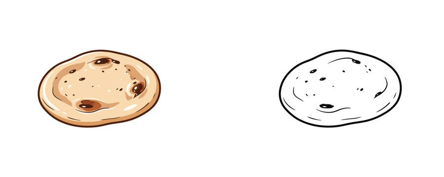 Cartoon naan flatbread illustration in colored and black line art styles beige and brown tones stylized bakery product for food design isolated on white background