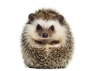 Isolated cute baby African pygmy hedgehog curled up in a ball on display, front view © Saoirse