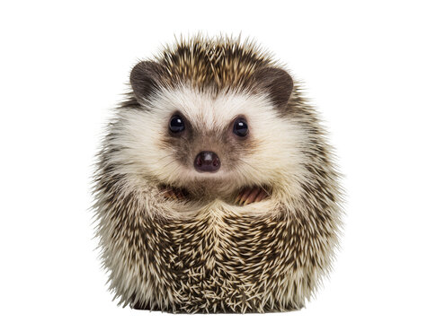 Isolated cute baby African pygmy hedgehog curled up in a ball on display, front view