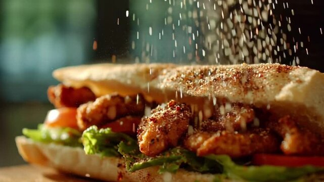 Cinematic close up of a po boy sandwich as seasoning sprinkles from above, capturing rich Cajun flavors, crispy bread, and juicy filling in a dynamic food scene inspired by New Orleans cuisine