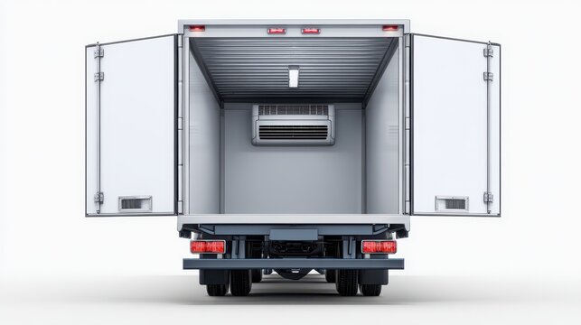 Open refrigerated truck cargo container isolated on white background