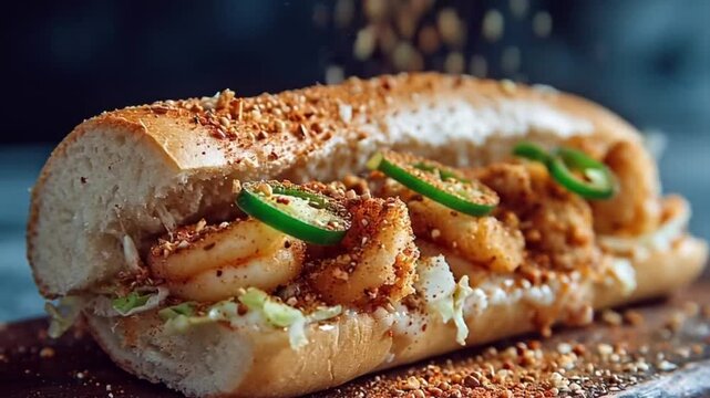 Cinematic close up of a po boy sandwich as seasoning sprinkles from above, capturing rich Cajun flavors, crispy bread, and juicy filling in a dynamic food scene inspired by New Orleans cuisine