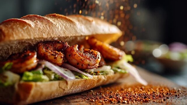 Cinematic close up of a po boy sandwich as seasoning sprinkles from above, capturing rich Cajun flavors, crispy bread, and juicy filling in a dynamic food scene inspired by New Orleans cuisine