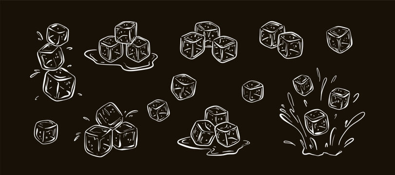 Ice cube hand drawn white chalk scribbles on the blackboard. Charcoal melting ice blocks drawing on the black chalkboard with drops, puddle, droplet, water splash. Cold coffee, whiskey background