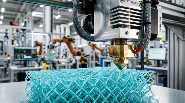 Close-up of a 3D printer nozzle fabricating a detailed blue lattice, showcasing advanced manufacturing amidst a futuristic automated industrial facility