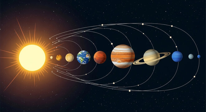 Our Solar System with the Sun and Planets in Orbit.