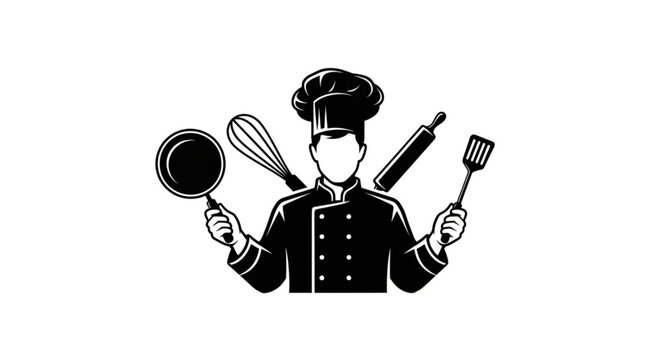 Chef holding cooking utensils in a stylized illustration.