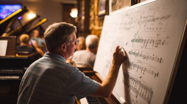 Medium shot showing an instructor outlining key signatures and chords on a whiteboard in a relaxed evening class setting with indistinct piano benches and students behind.