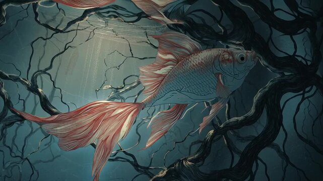 goldfish swimming underwater through tree branches with sunlight