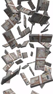 Vertical UAE Money, Falling Emirati Dirham Bills, Cash Stacks Isolated on White, 4K