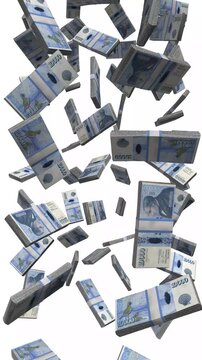 Vertical Iceland Money, Falling Icelandic Krone Bills, Cash Stacks Isolated on White, 4K