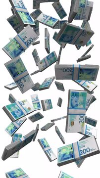 Vertical Israel Money, Falling Israeli Shekel Bills, Cash Stacks Isolated on White, 4K