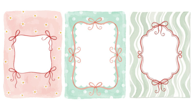 Cute floral and polka dot watercolor frame set with pink ribbon bows