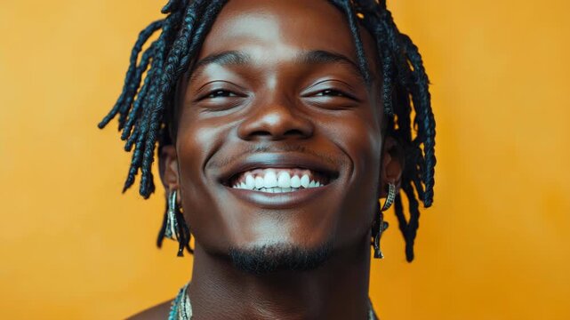 A happy man with dreadlocks, smiling broadly and showing teeth in a candid moment.