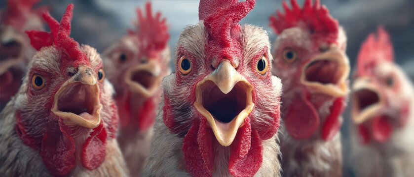 Chickens calling in a bright scene