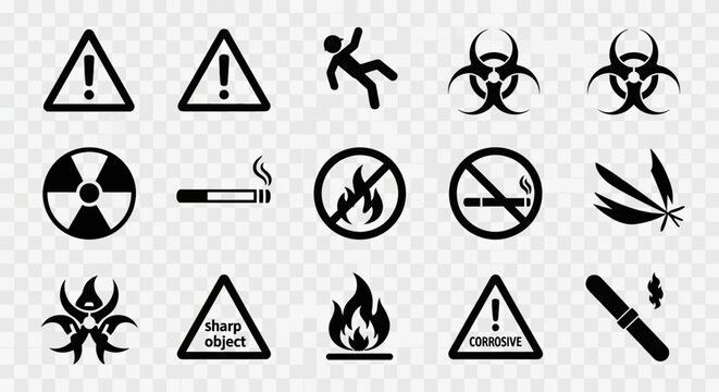 Collection of Isolated Black and White Hazard and Prohibition Vector Symbols on Transparent Background