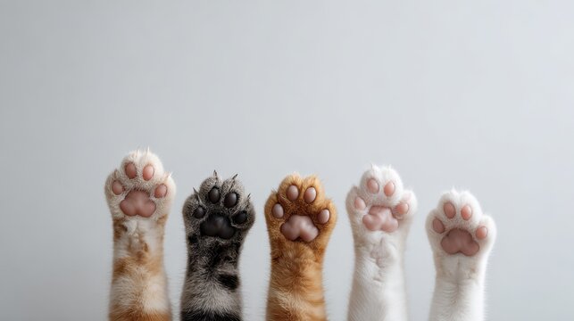 Selection of dog and cat paws raised together as if about to perform a team chant against a light background showcasing their unique textures