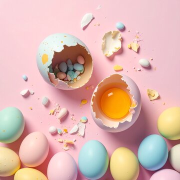 Top-down view of a creative Easter concept with colorful pastel eggs on a pink background. One broken egg reveals a raw yolk, while another is filled with small candy, symbolizing surprise.