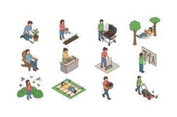 Fototapeta premium Cottage activities including planting plants, watering garden, grilling food, relaxing outdoors, sitting on chair, preparing meal,
