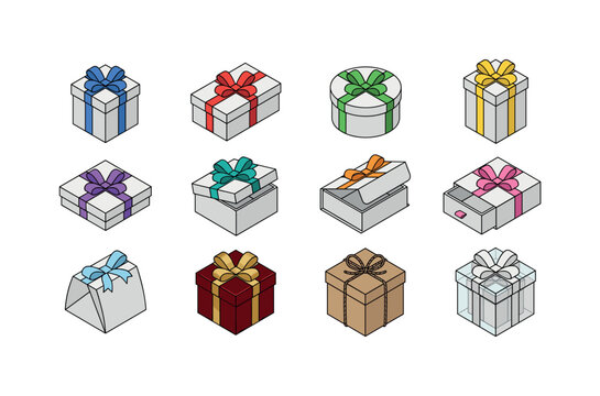 Gift boxes with decorative bows including square gift box, rectangular gift box, round gift box, tall gift box, flat gift box, lid