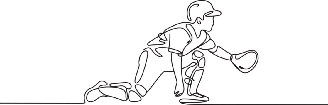 young agile professional baseball catcher player in action. Sport exercise concept. one line art icon drawing vector