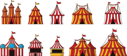 Fototapeta premium Set of Colorful Circus Tent Illustrations with Various Styles and Flags for Carnival, Festival, and Entertainment Themes