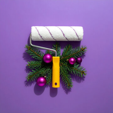 Festive Home Improvement - Paint Roller with Christmas Decorations on Purple.