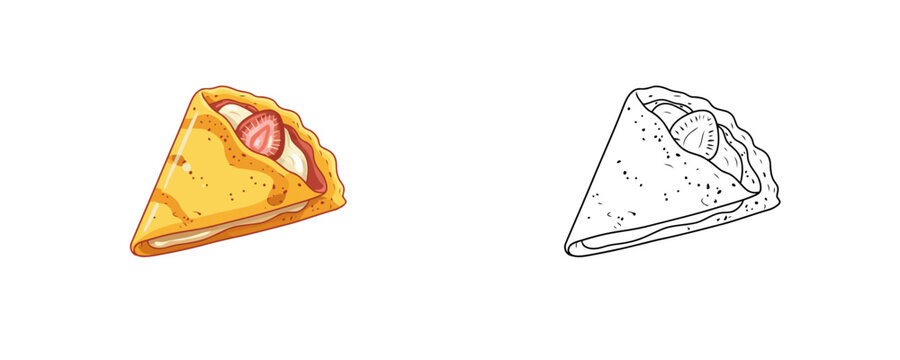 Cartoon strawberry crepe illustration in colored and black line art styles yellow and red tones sweet dessert pancake for cafe or menu design isolated on white background