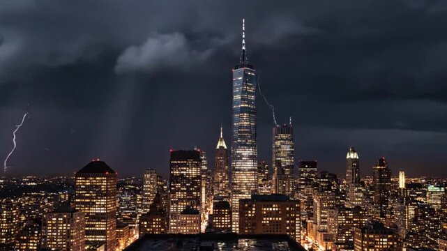 New york city skyline at night featuring the one world trade center with a dramatic lightning strike in the stormy purple sky