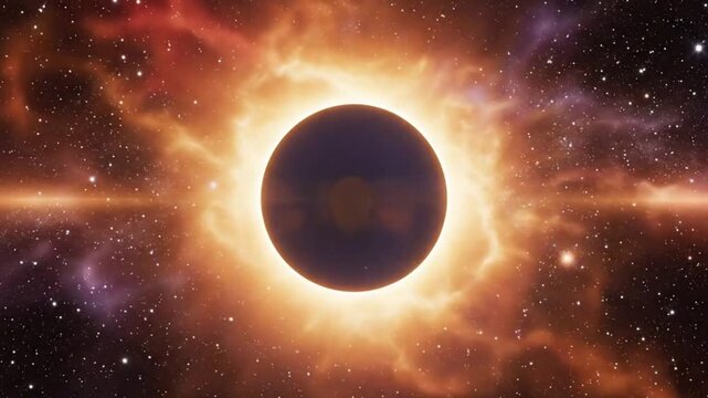 A dramatic solar eclipse with a dark moon silhouetted against a glowing golden corona and vibrant cosmic nebulae in deep space