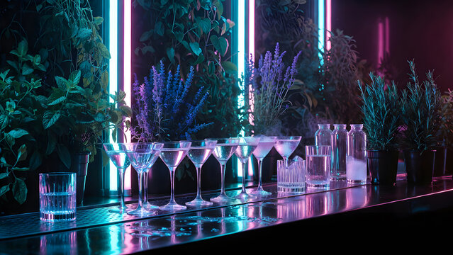 Close up of bartender hands picking fresh rosemary for cocktails in a neon lit bar with herbal wall.