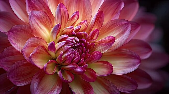 Close-up of a blooming flower featuring layered petals in warm hues, center composed of small, tightly packed structures