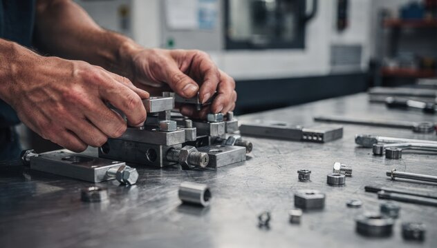 Closeup on machinist setting up fixture clamps on a metal workbench preparing unique test assemblies in an industrial prototyping workshop.