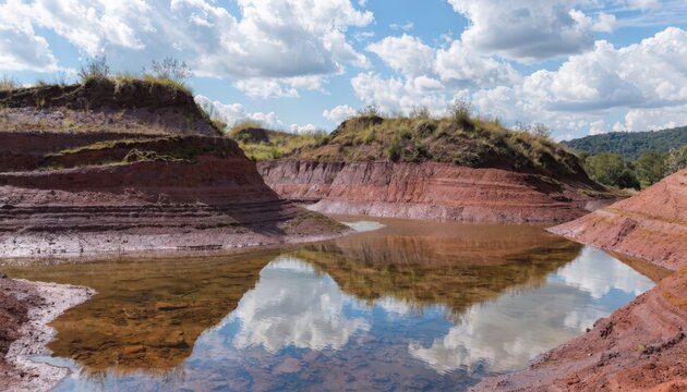 Medium shot capturing partly reclaimed red mud tailings area with emerging vegetation on berms and residue ponds emphasizing environmental recovery efforts.