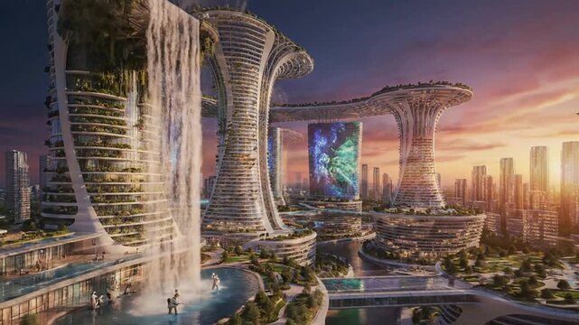 Futuristic eco city skyline with vertical gardens and cascading waterfalls at sunset featuring advanced flying vehicles and