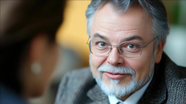 Middle-aged man with a mustache and glasses looking thoughtful during a meeting, possibly discussing business or intellectual topics.
