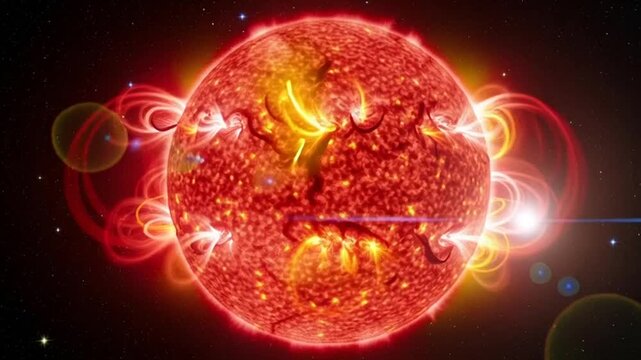 Vibrant solar flare eruption on the sun with fiery prominences