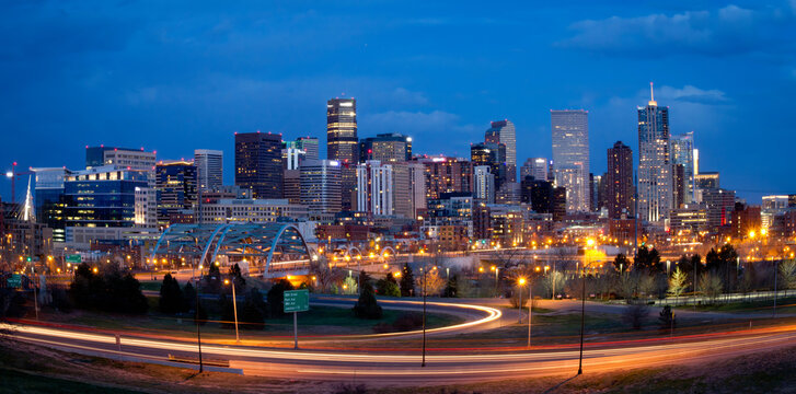 Downtown Denver Colorado Skyline at Night with Light Trails Long Exposure