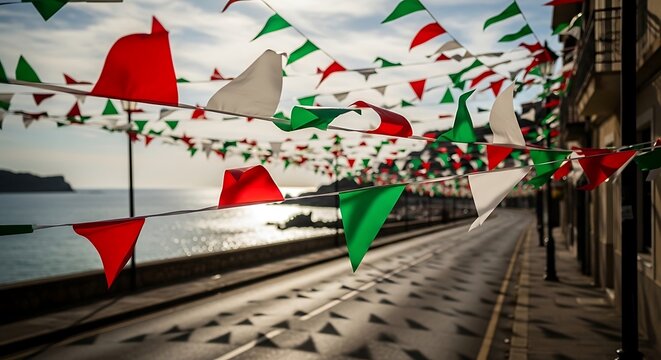 Video Mockup Festive bunting flags line a street near the sea on a sunny day.