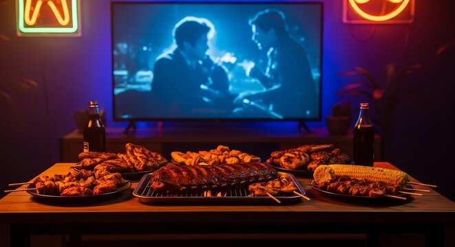 Video Mockup A cozy night in with a delicious BBQ feast and a movie.