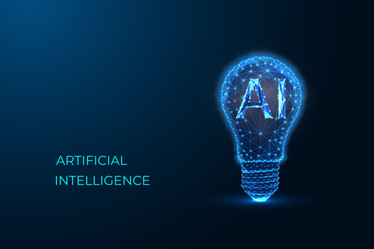 Artificial intelligence concept with glowing AI symbol inside digital light bulb on blue background