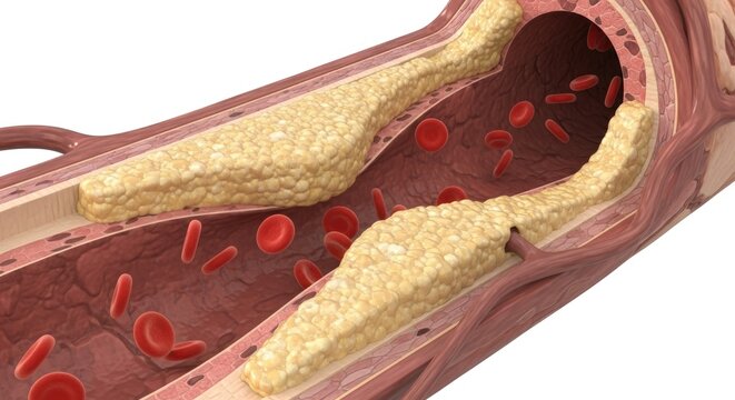 Arterial plaque, atherosclerosis, causes vascular obstruction, leading to elevated blood pressure, circulatory tension, hypertension risk, a serious condition