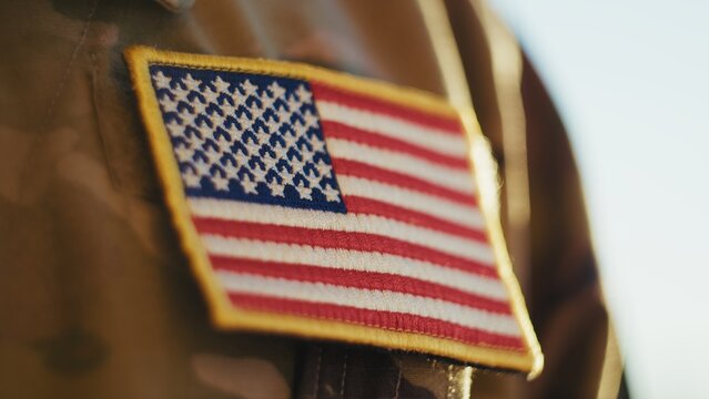 American Flag Patch on a Soldier Chest During Veterans Day Celebration
