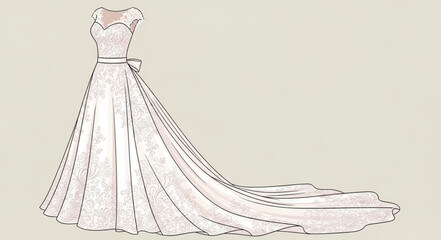 Elegant wedding dress with long train sketch illustration. © Agos