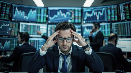 Fototapeta premium A stressed trader in a suit sits in front of multiple screens displaying stock market data while colleagues work in the background.