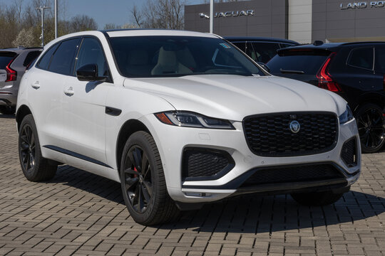 Jaguar F-Pace P400 R-Dynamic at a dealership. Jaguar offers the F-Pace with a 3.0L Supercharged Turbo MHEV engine. MY:2026